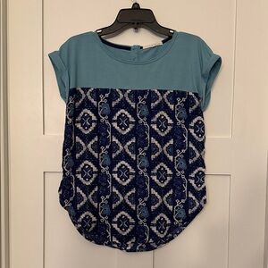 Blue Patterned Short Sleeve Women's Top